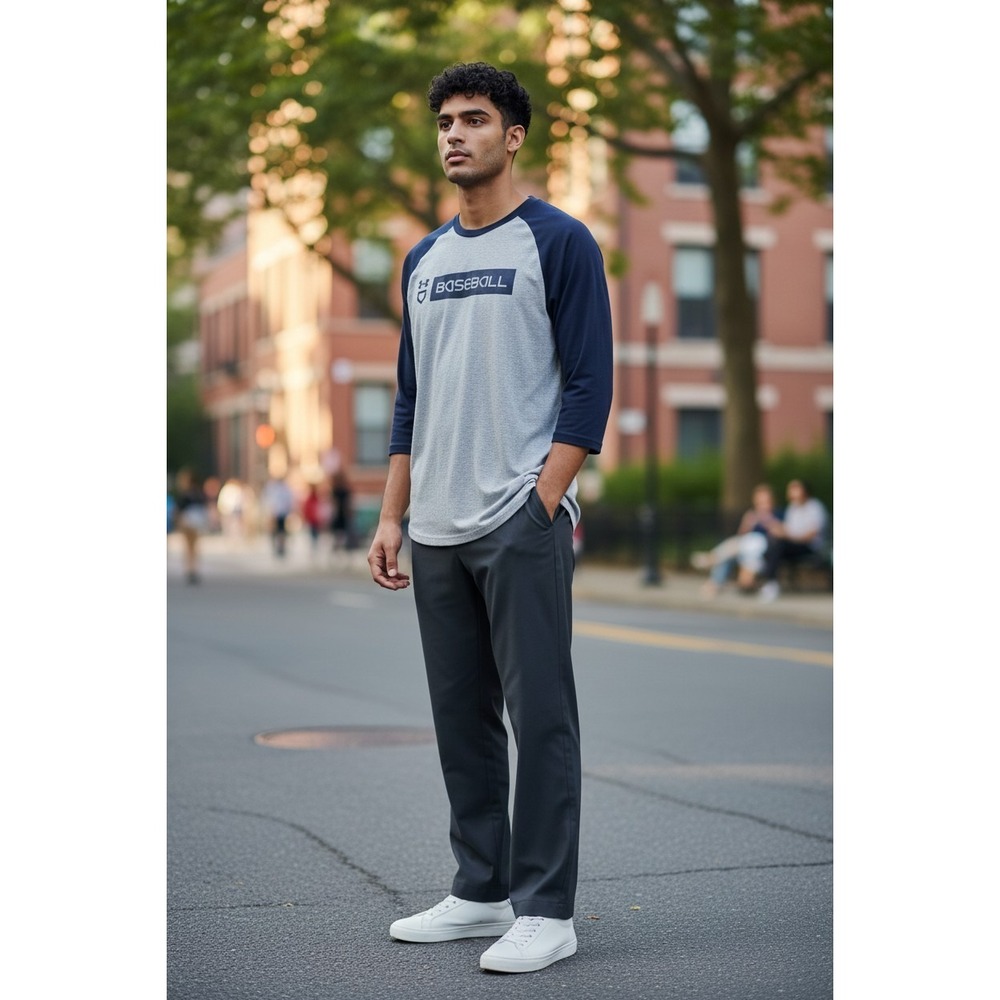 Under Armour‎ Mens Baseball Raglan Shirt Gray Navy Blue 3/4 Sleeve Size Medium